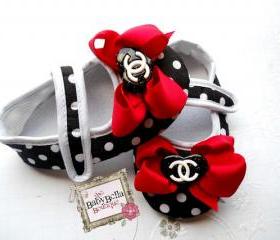 Polka dots Red bow CC baby girl crib shoes, baby shoes ,Ready to ship